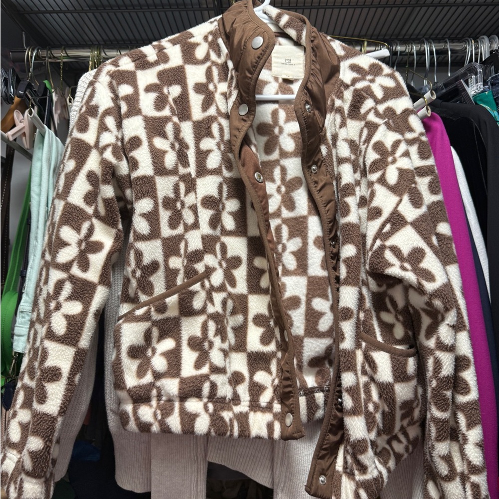 Thread & Supply Brown White Floral Fleece Snap Jacket XS